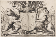 KG 06688g
<br/>
Plattegrond Haarlem: wapen Haarlem
<br/>
<em>Hooghe, Romeyn de (1645-1708)</em>